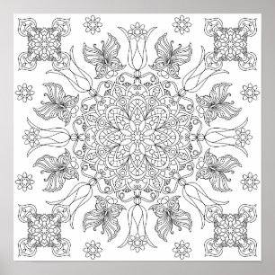 Poster Borboletas e Flores Mandala Colorir para Adultos