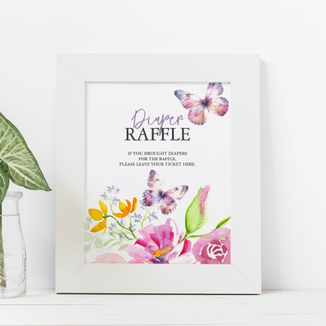 Poster Borboletas e ligadeiras Fralda Chá de fraldas Raff (Purple butterfly baby shower theme butterfly and floral watercolor art by Victoria Grigaliunas)