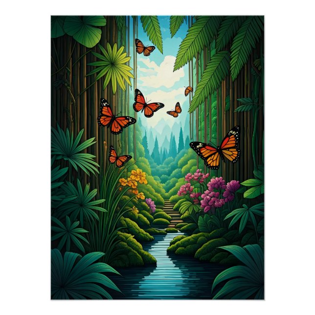 Pôster Borboletas em uma Selva Exuberante (Frente)