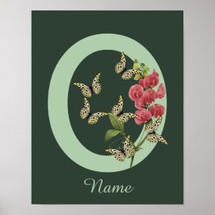 Poster Borboletas Flor Monograma Inicial O Personalizado