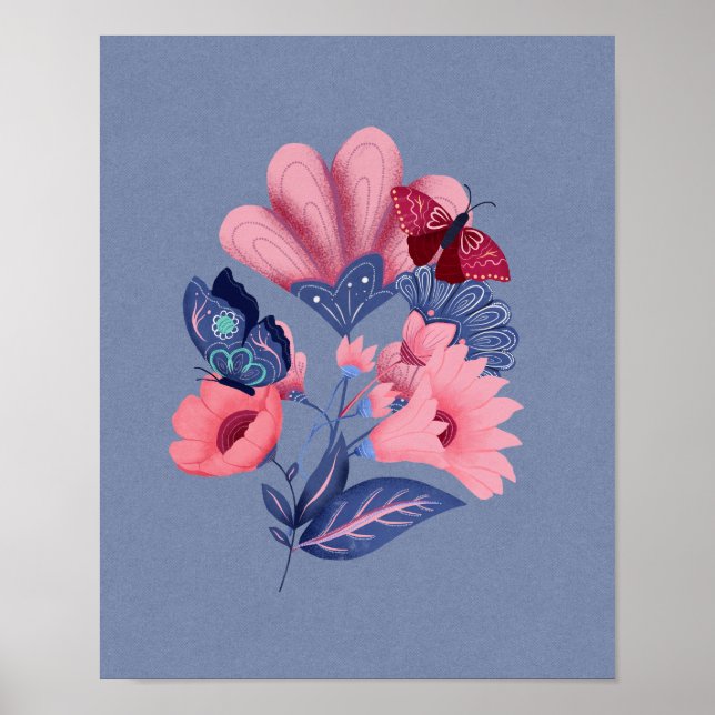 Poster Borboletas Florais Azul Cor-de-rosa Arte Foliar (Frente)