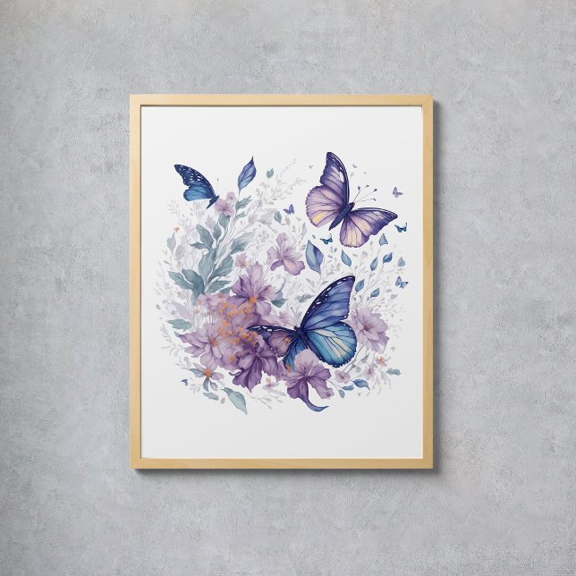 Poster Borboletas Místicas Aquarela Flor Azul Púrpura (Mystical Butterflies Watercolor Purple Blue Flower Poster
)
