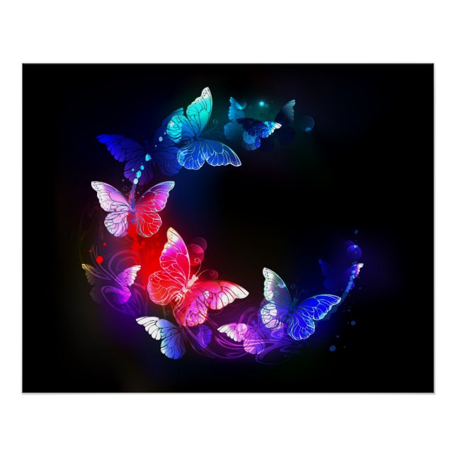 Pôster Borboletas Neon Night brilhantes sobre fundo preto (Frente)