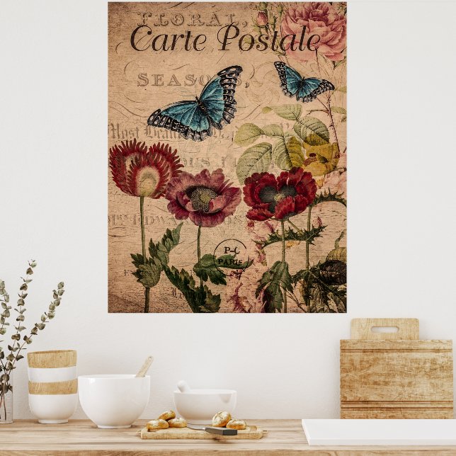 Poster Borboletas Vintage e Flores Francesas (Cozinha)