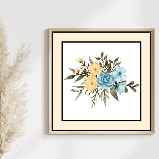 Poster Borda Amarela bonito Flores de Cores Aquáticas (Criador carregado)