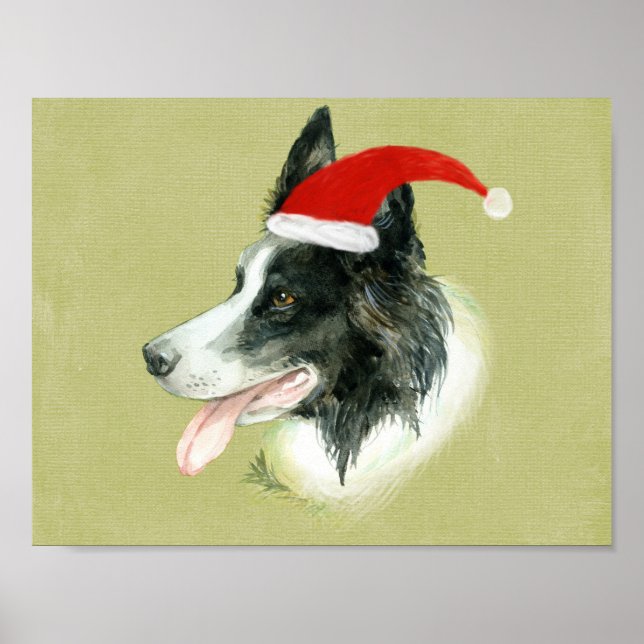 Pôster Borda Cachorro Collie com Papai Noel de Natal (Frente)