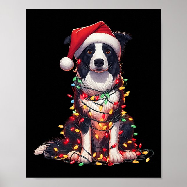 Poster Border Collie Dog Christmas Lights Santa Hat Dog L (Frente)