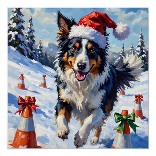 Pôster Border Collie Dog Christmas Snow Agility Fun (Frente)