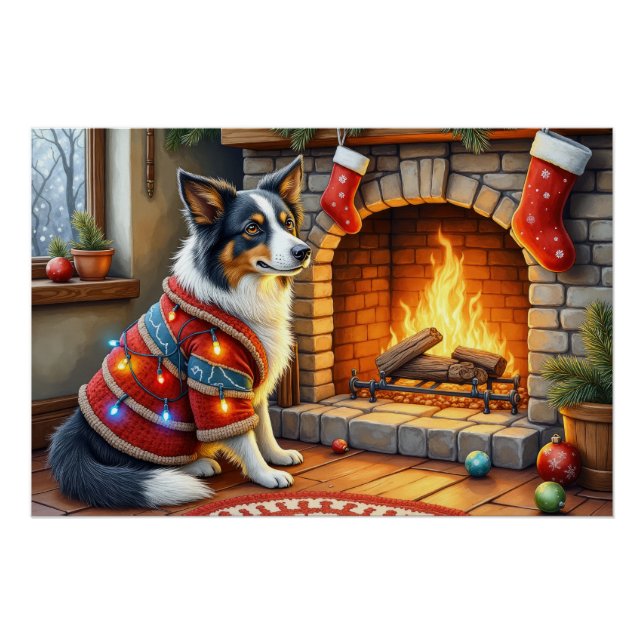 Pôster Border Collie Fireplace with Christmas Lights (Frente)