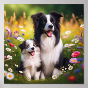 Poster Border Collie mãe e seu filhote