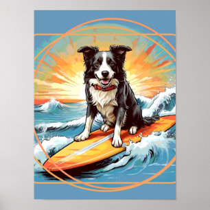 Poster Border Collie Preto e Branco Surfando