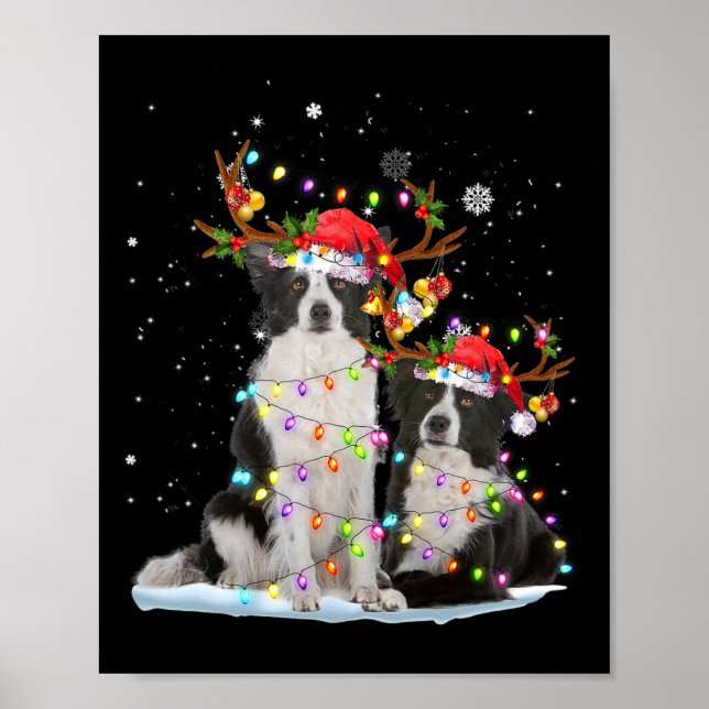 Poster Border Collie Reindeer Santa Hat Xmas Luzes Chris (Frente)