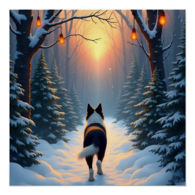 Pôster Border Collie Snowy Forest Walk Holiday Painting (Frente)