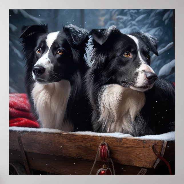Poster Border Collie Snowy Sleigh Decoração de Natal (Frente)