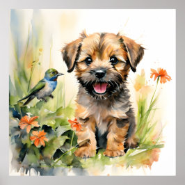 Poster Border Terrier Puppy com Hummingbird