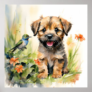 Poster Border Terrier Puppy com Hummingbird