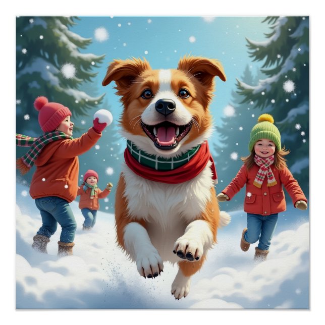 Pôster Border Terrier Snowball Fight Christmas Painting (Frente)
