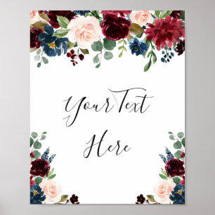 Poster Bordô Azul Naval Bege Floral Aquarela