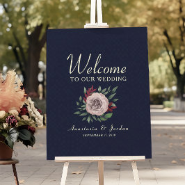 Poster Bordô e Azul Marinho Floral Boas-Vindas de Casamen