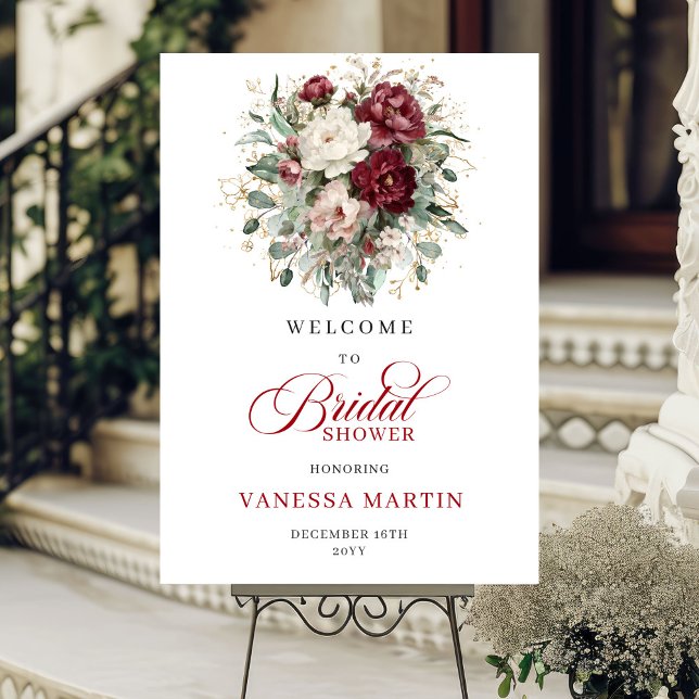 Poster Bordô Floral Verdura Chuveiro de Noiva Bem-vindo (Burgundy Floral Greenery Bridal Shower Welcome)