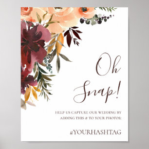 Poster Borgonha Laranja Floral Ah Não Casamento Hashtag