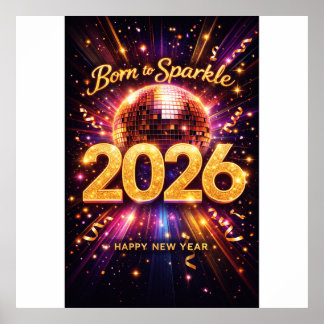Poster Born to Sparkle 2026 Disco Ball Happy New Year