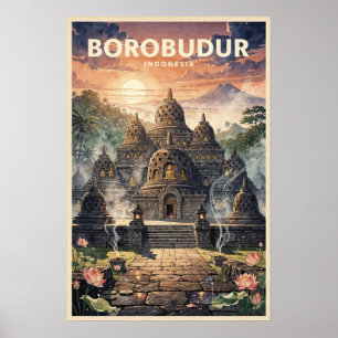 Poster Borobudur Indonésia Viagem Vintage