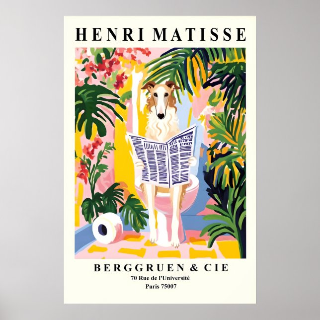 Poster Borzoi Art Print Funny Bathroom, Dog on toilet (Frente)