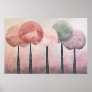 Poster Bosque Redondo Pastel Árvore Bege Rosa Arte Salgue