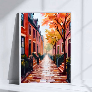Poster Boston Autumn Watercolor Beacon Hill Massachusetts