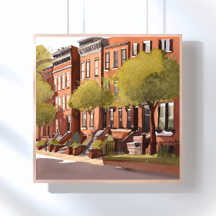 Poster Boston Brownstones   Beacon Street Aquarela