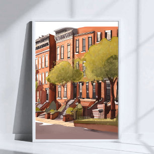 Poster Boston Brownstones   Beacon Street Arte em Aquarel