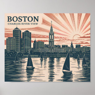Poster Boston Charles River Sailboat Skyline Art Vintage