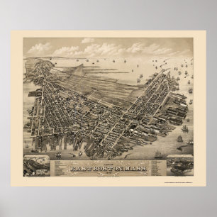 Pôster Boston do leste, mapa panorâmico das MÃES - 1879