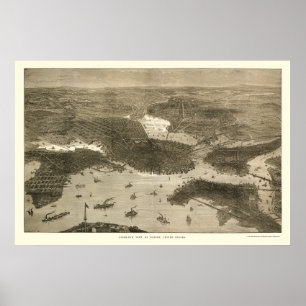 Pôster Boston, mapa panorâmico das MÃES - 1870s