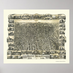 Pôster Boston, mapa panorâmico das MÃES - 1888