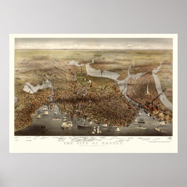 Pôster Boston, Mapa Panorâmico MÃE - 1873 (Frente)