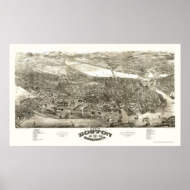 Pôster Boston, Mapa Panorâmico MÃE - 1880 (Frente)