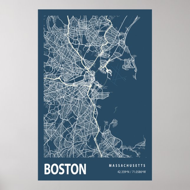 Poster Boston Massachusetts City Map Line Art Blue Impres (Frente)
