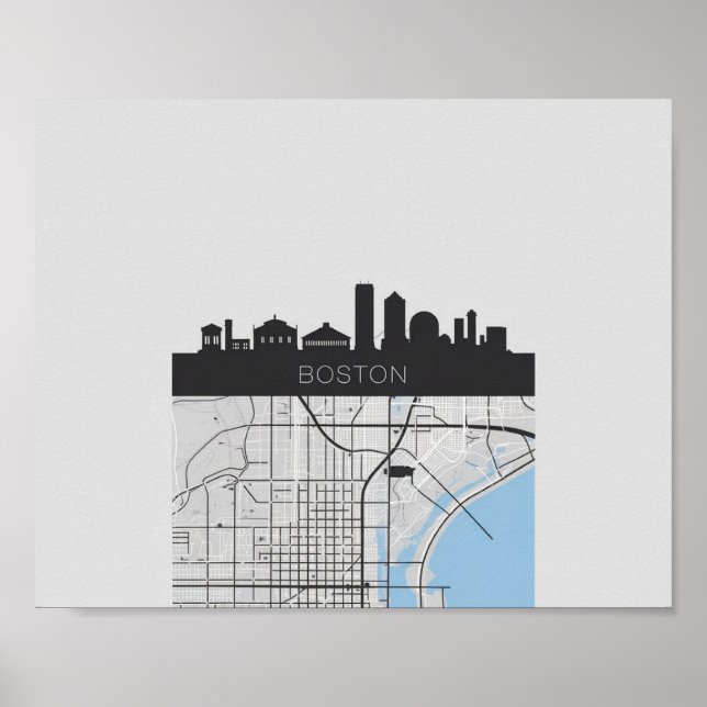 Poster Boston Massachusetts City Skyline com Mapa (Frente)