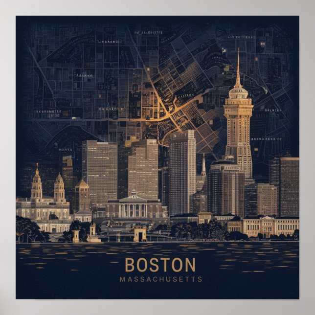 Poster Boston, Massachusetts City Skyline com Mapa (Frente)