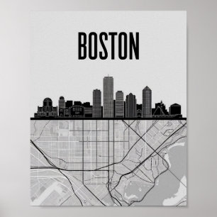 Poster Boston Massachusetts City Skyline com Mapa
