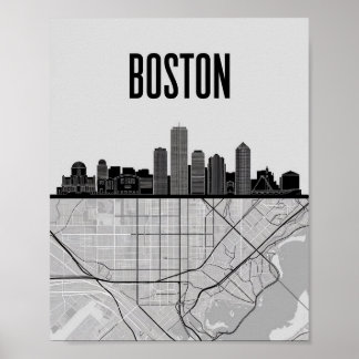 Poster Boston Massachusetts City Skyline com Mapa