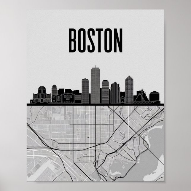 Poster Boston Massachusetts City Skyline com Mapa (Frente)