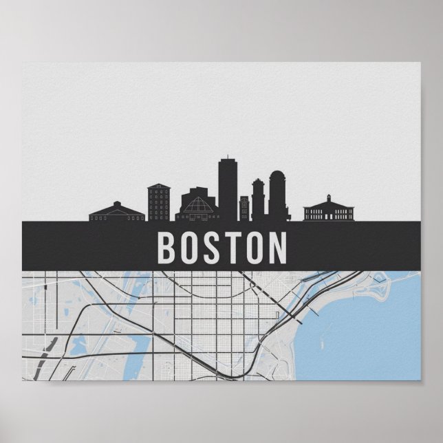 Poster Boston Massachusetts City Skyline com Mapa (Frente)