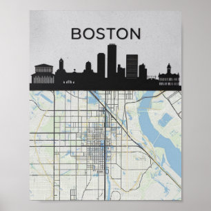 Poster Boston Massachusetts City Skyline com Mapa
