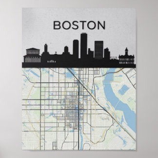 Poster Boston Massachusetts City Skyline com Mapa