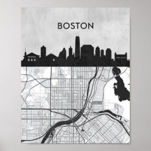 Poster Boston Massachusetts City Skyline com Mapa