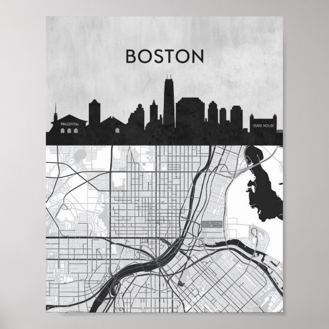 Poster Boston Massachusetts City Skyline com Mapa (Frente)