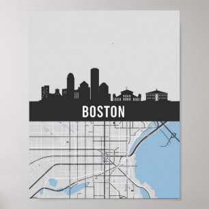 Poster Boston Massachusetts City Skyline com Mapa